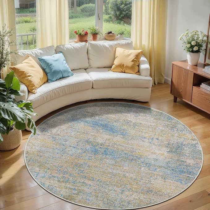 Tangsoo Abstract Washable Round Rug 5ft, Modern Circle Rug Non Slip | Contemporary Round Area Rug Soft Low Pile Circular Rugs, 5x5 Round Carpet for Bedroom, Living Room, Office, Blue Beige Decor