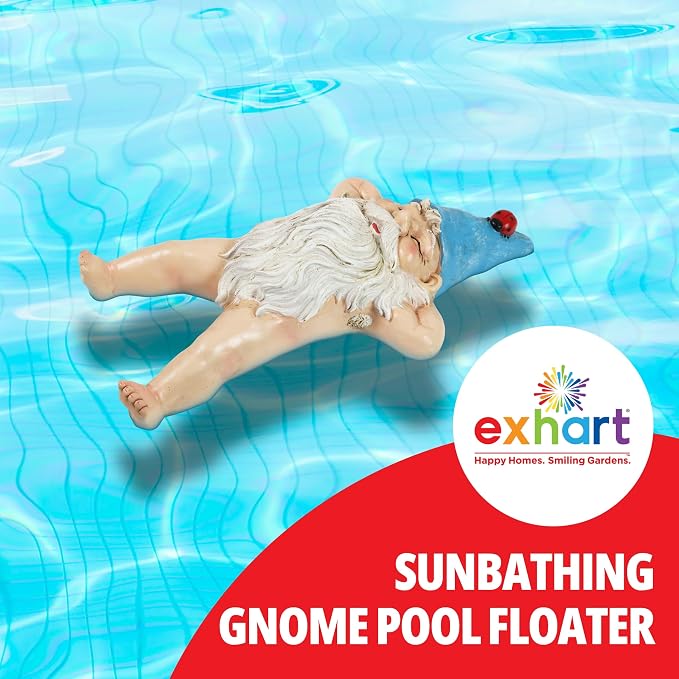 Exhart Sunbathing Naked Gnome Pool Floater, Durable Resin, Floats in Water,Funny Décor,7”x3.5”x13.5”