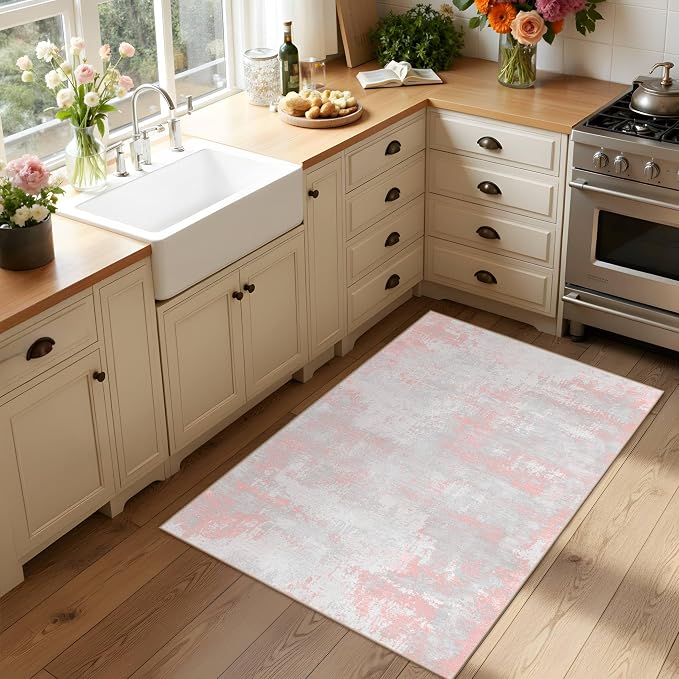 Latte&Fog Washable Entryway 2x3 Pink Area Rug Modern Abstract Kitchen Rug | Low Pile Non Slip Soft Throw Rug Doormat for Entrance Bathroom Laundry Bedroom Nursery Playroom Hallyway Dorm Decor Office