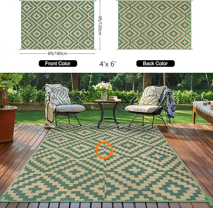 Outdoor Patio Plastic Straw Rug - 4x6 ft Outdoor Camping Rug Waterproof Reversible, Area Carpet Patios RV, Outside Porch Balcony Deck for Camper, Green & Yellow