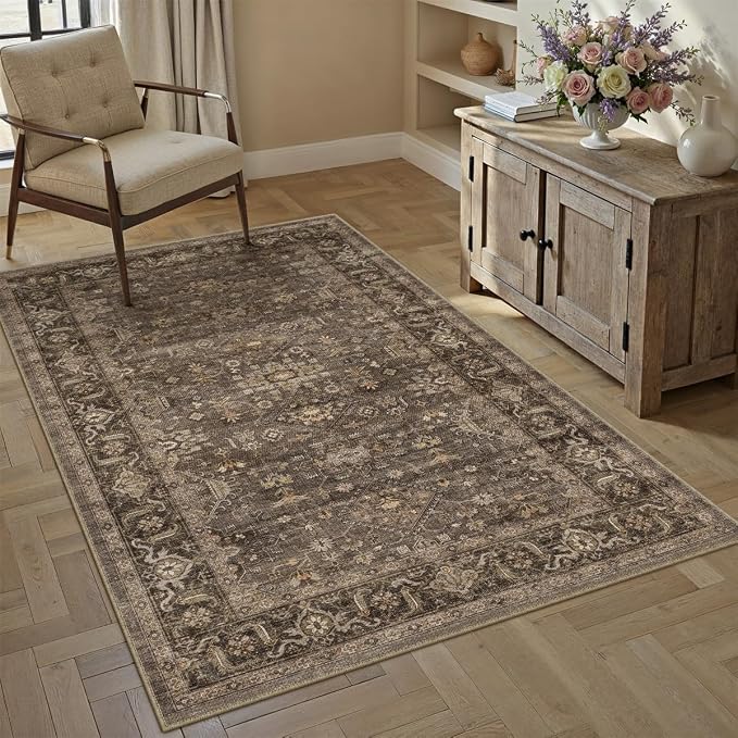 4x6 Dark Brown Vintage Area Rug | Washable, Non Slip, Soft Low Pile, Traditional Farmhouse, for Entryway Kitchen Living Room Bedroom Indoor
