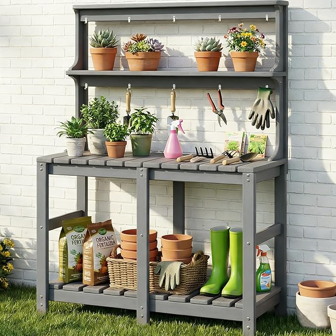 Outdoor Potting Bench with 3 Tier, All-Weather Patio Potting Table with Tool Hooks, HDPE Gardening Table for Backyard, Garden, Grey