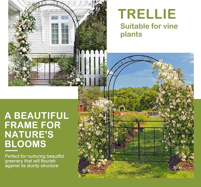 Garden Arch Trellis with Gate, Heavy-Duty Steel Frame Support Arbour Archway for Climbing Plant, Rose Vines, Vegetables, Outdoor Decoration for Lawn Backyard Party Wedding, Arc Top