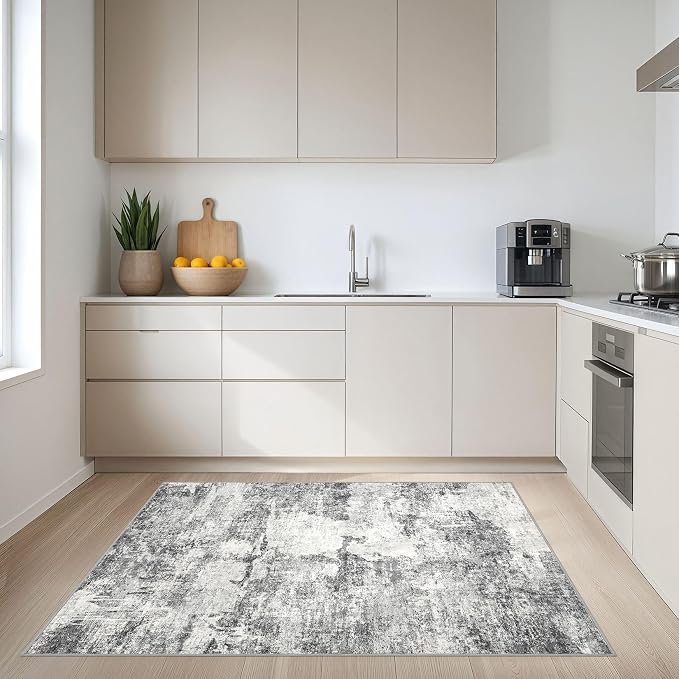 DMOYEST 4x6 Area Rug for Living Room Washable Abstract Indoor Carpet | Neutral Modern Low Pile Rugs Kid & Pet Friendly Soft Thin Carpet for Bedroom Dining Room and Office - Grey