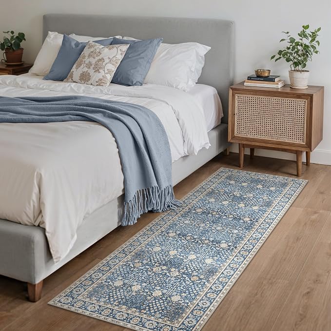 2x10 Kitchen Runner Rug, Washable Non Slip, Lake Blue | Vintage Floral Design, Spill Resistant Lightweight Low Pile Carpet for Hallway, Bedroom, Laundry Room, Bathroom