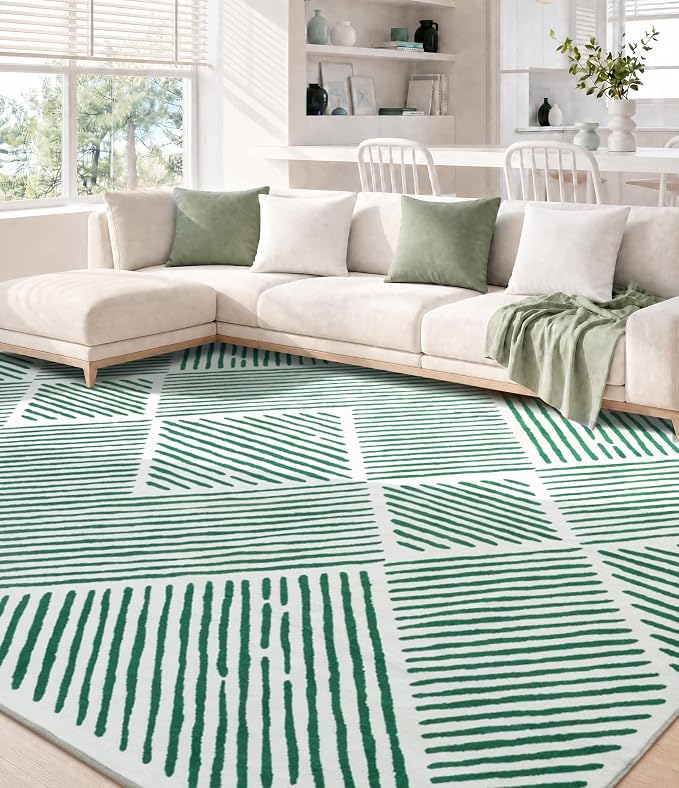 8‘x10' Washable Mid Century Modern Green Area Rug for Living Room | Soft, Non-Slip, Low Pile, Stain Resistant, Modern Geometric Stripe Large Rug for Bedroom Dining Room