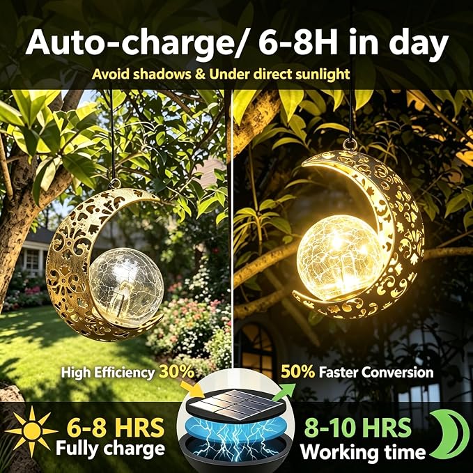 Solar Moon Lanterns Outdoor Waterproof Decor, 2Pack Hanging Decorative Garden Lights, Outside Furniture Accessories Wall Tree Patio LED Ornaments , Mother's Day Fairy Gifts for Women Mom