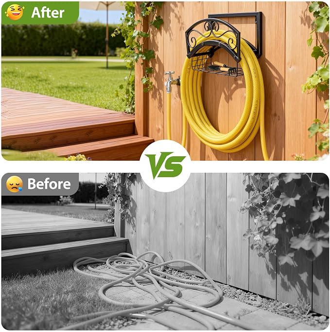 BOLITE Garden Hose Holder Wall Mount, Heavy Duty Metal Water Hose Holder with Basket for Outside, Hose Storage Holds 150FT Water Pipe for Yard, Lawn, Garden, Farm, Gifts for Women Men