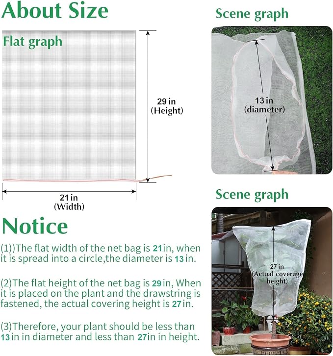 Kikhope 10 Pcs Garden Mesh Netting - 29"x21" Insect Bird Netting Pest Barrier Bags with Drawstring -Plant Fruit Protection Bag for Fruit Trees & Tomato Plants, Blocks Birds, Squirrels & Insects