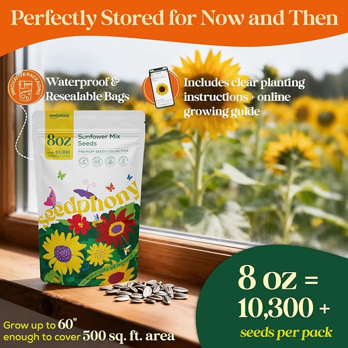 Seedphony Sunflower Mix Seeds Pack 8 oz - 10,300 Non-GMO Heirloom Sunflower Mix Seeds for Planting, Annual Flowers in Waterproof Seed Packet, Edible Flower Seeds for Planting Garden Indoor & Outdoor