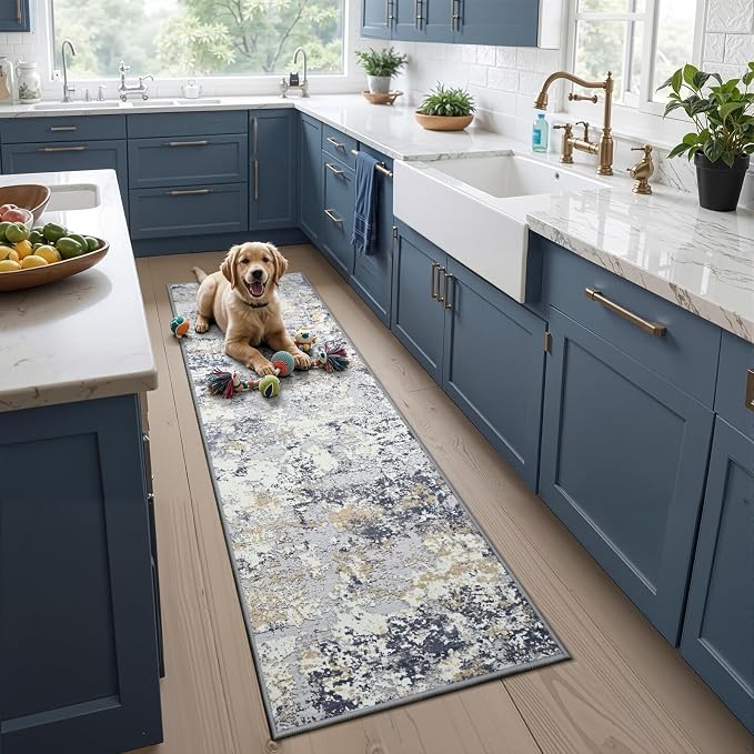 Toneed Washable 2x6 Non-Slip Abstract Runner Rug for Hallway Kitchen | Soft Modern Low Pile Area Rugs for Bedroom Laundry Living room,Indoor Carpet for Bedside Home Decor, Blue White Gold