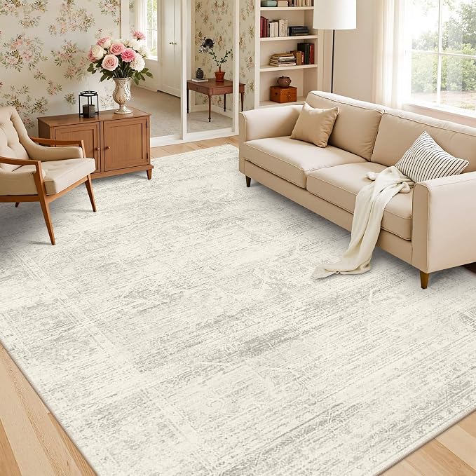 Latte&Fog 6x9 Area Rugs for Living Room Washable Large Neutral Ivory Rugs | for Bedroom Dining Kitchen Kids Playroom Nursery Classroom Dorm Farmhouse Office, Non Slip Low Pile Soft Floral Carpet Indoor