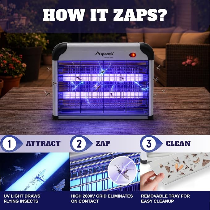 ASPECTEK Electric Bug Zapper, 20W UV Bulbs, Fly, Mosquito, Gnat and Moth Control, Indoor and Covered Outdoor Use for Home, Garage, Patio and Farm, Includes 2 Replacement Bulbs
