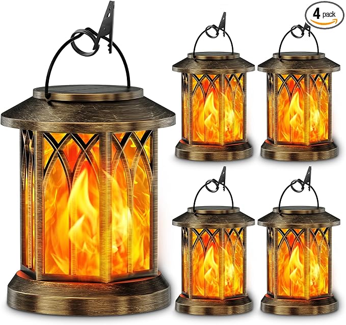KOOPER 4 Pack Solar Lanterns Outdoor Waterproof, Upgraded Flickering Flame Solar Lantern Lights, Auto On/Off Lanterns Decorative Outdoor, Outdoor Hanging Lantern for Yard Garden Table Decor (Bronze )