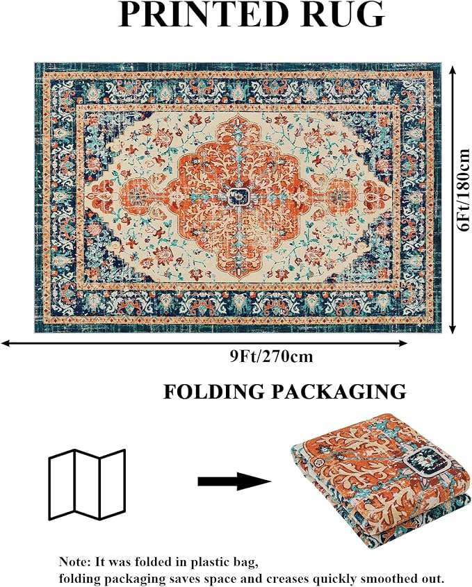 U'Artlines Boho Vintage Area Rug 6x9 Machine Washable Carpet,Orange/Multi | Low Pile, Non Slip, Ultra-Thin Soft Floor Carpet, Accent Rug for Living Room Bedroom Entryway Dining Room Office