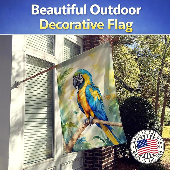 Caroline's Treasures Blue and Gold Macaw House Flag Large Porch Sleeve Pole Decorative Outside Yard Banner Artwork Wall Hanging, Polyester, House Size, Multicolor