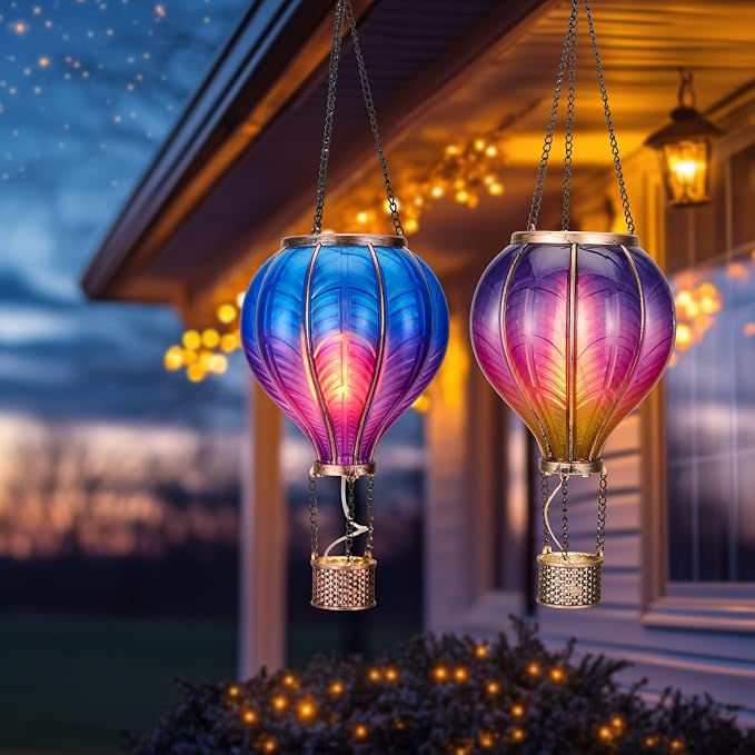 TERESA'S COLLECTIONS 2 Pack Hanging Solar Lantern Outdoor Garden Decor for Valentine,Waterproof Plastic Hot Air Balloon Purple Flickering Flame Effect Lantern for Yard Tree Gift for Mom,18"
