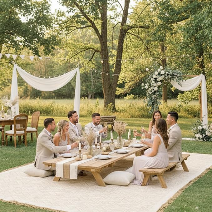 Beeveer Extra Large Outdoor Boho Picnic Blanket 118'' x 71'' Beige White Table Runner 6 Throw Pillow Cover Woven Cotton Yarn Oversize Beach Blanket Washable for Picnic Camp Wedding