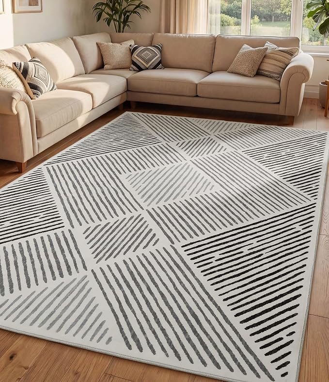 6‘x9' Washable Black and White Rug, Modern Area Rug for Living Room | Non-Slip, Low Pile, Stain Resistant, Black Geometric Stripe Rug for Bedroom Dining Room