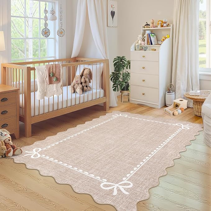 GarveeHome Scalloped Bow Rug 3x5 Washable Camel Rug for Bedroom Living Room | Non Slip Soft Low Pile Indoor Carpet for Nursery Girls Bedroom Decor Hallway Kids Room College Dorm Playroom