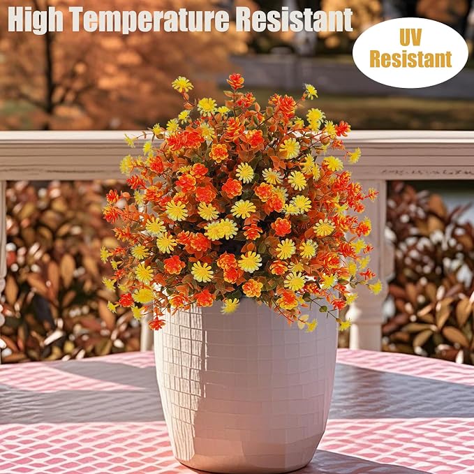 Spring Mums Flowers Artificial Topiary Ball Tree with Spike, Set of 2 Boxwood Ball Faux Shrubs Bushes with Orange Flowers,UV Resistant Fake Mums Plants for Front Porch Garden,23"