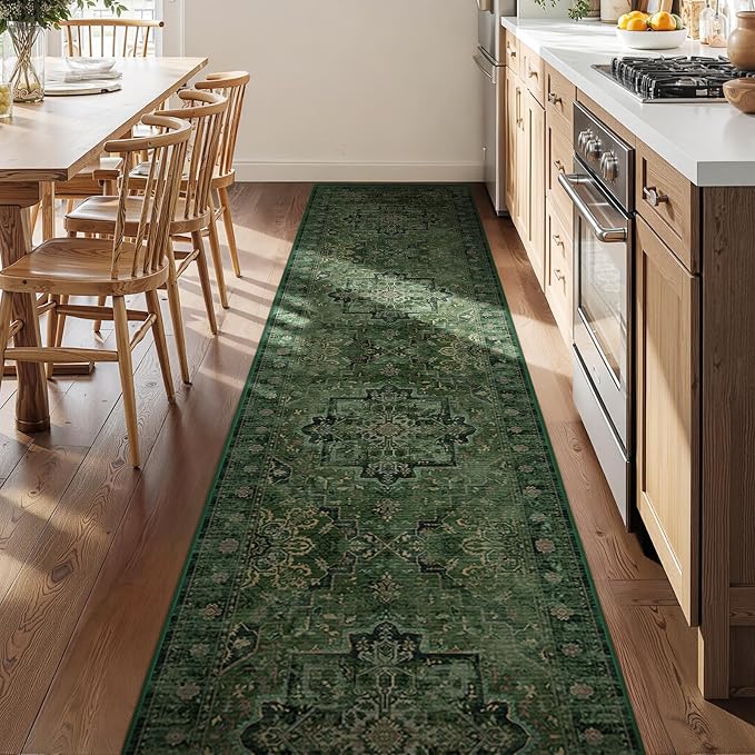 Dark Green 3x10 Long Hallway Runner Rug, Vintage Distressed Medallion Carpet Runners for Entryway, Low Pile Thin Runner Rug Non Slip Washable for Kitchen/Mudroom/Foyer/Bedroom