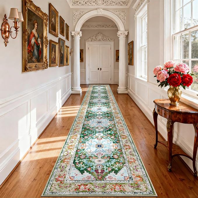 U'Artlines 3'x20' Boho Hallway Runner Rug Non Slip Washable Runners,Green | Vintage Farmhouse Kitchen Rug Accent Area Carpet for Entryway, Dining Room and Living Room