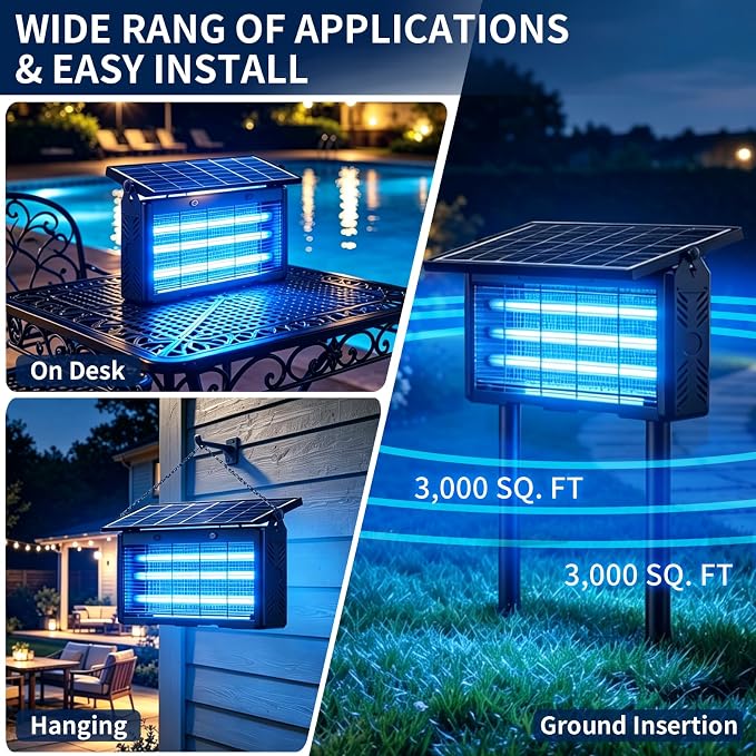 Solar Bug Zapper, 2500V Grid, 8000mAh Battery, 365-395nm UV Light, IPX5 Waterproof, Dusk-to-Dawn Sensor, 1 Acre Coverage, Black, for Outdoor Indoor Use (20inch)