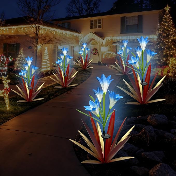 Homight Solar Metal Agave Lily Flower Garden Sculpture with LED Lights 30.3 Inch Waterproof Outdoor/Indoor Yard Decor Handmade Lawn Ornament Gift for Family Friends (2, Red)