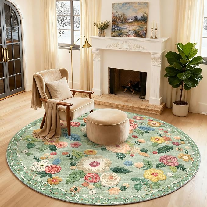 4ft Washable Round Rugs for Bedroom: Circle Living Room Rug Vintage Non Slip Low Pile Soft Faux Wool Non Shedding Small Circular Rug for Kitchen Entryway Bathroom Bedside Office CollegeDorm Kids Room