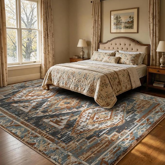 Washable 8x10 Area Rug for Living Room, Rustic Farmhouse Low-Pile Non-Slip Carpet, Stain Resistant Vintage Southwestern Rug for Dining Room Bedroom, Blue Rust Ivory
