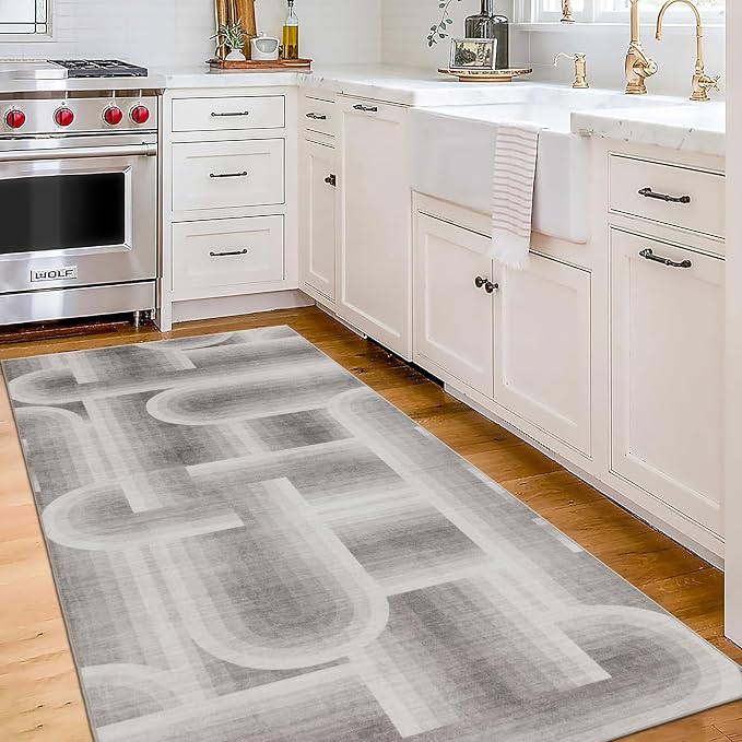 Machine Washable Area Rug Runner - Living Room Bedroom Bathroom Kitchen Entryway Office - Non-Slip Baking Low Pile Stain Resistant Premium - Modern Geometric - Lyra - Beige 2'6" x 8'
