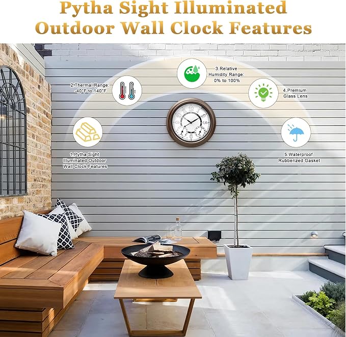 Pytha Sight Illuminated Large Metal Outdoor Clocks Waterproof 15 Inches with AI Auto Light Smart Sensor,Large Indoor Outdoor Wall Clocks with Thermometer & Hygrometer for Patio, Pool, Garden,Porch