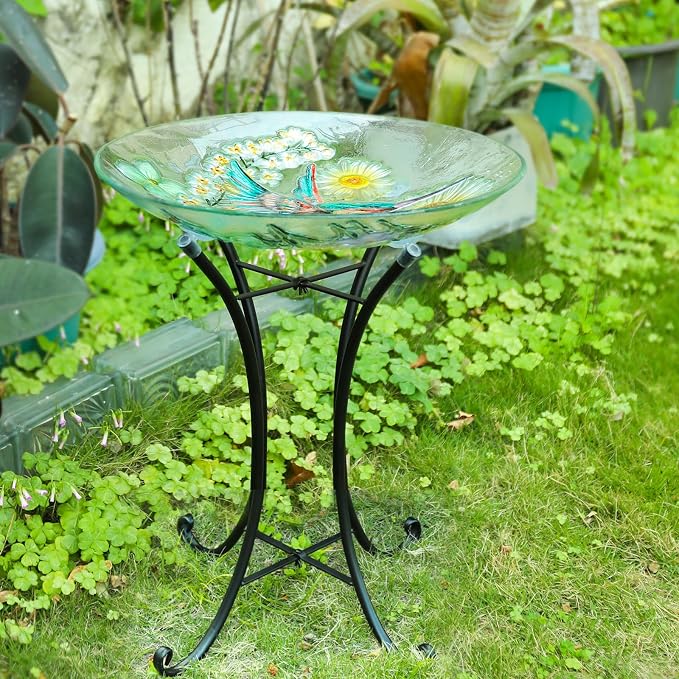 MUMTOP Bird Bath-Bird Baths for Outdoors - Hummingbird Glass Large Bird Bath Bowl with Metal Stand, Bird Feeders for Outside and Garden, Patio,Lawn Decor