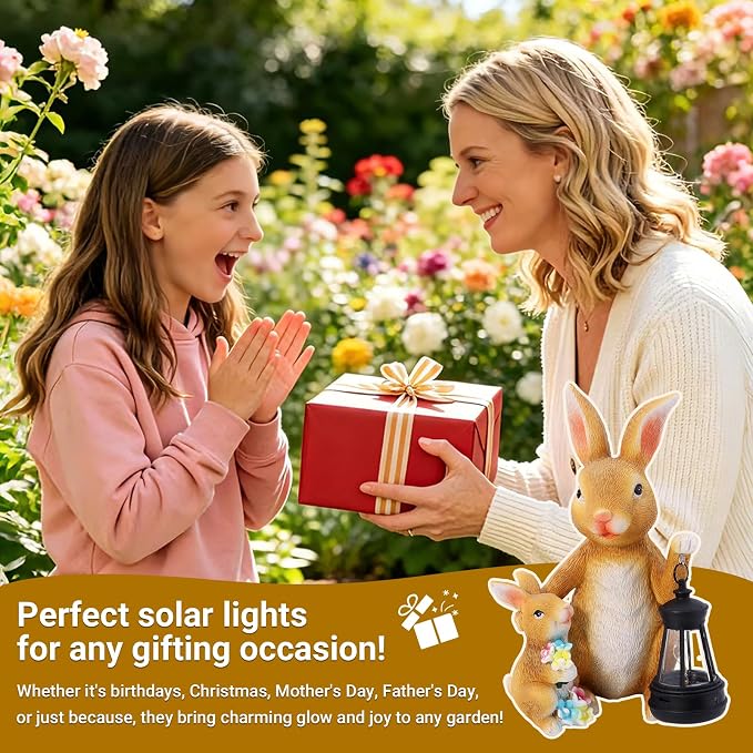 Solar Bunny Garden Statue with LED Lantern, Waterproof Resin Figurine | for Tabletop, Patio, Lawn & Easter Garden, Cute Outdoor Decor, Unique Housewarming & Birthday Gift for Women, Mom & Grandma