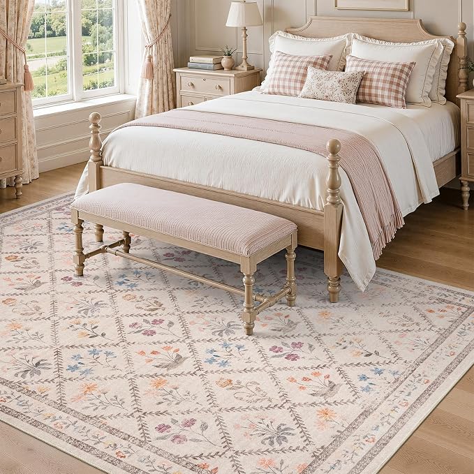 DCX Washable 8x10 Rose Biege Floral Rug for Girls Bedroom | Soft Cottagecore Rug for Baby Girl Nursery, Non Slip Low Pile, Kid & Pet Friendly Vintage Botanical Carpet