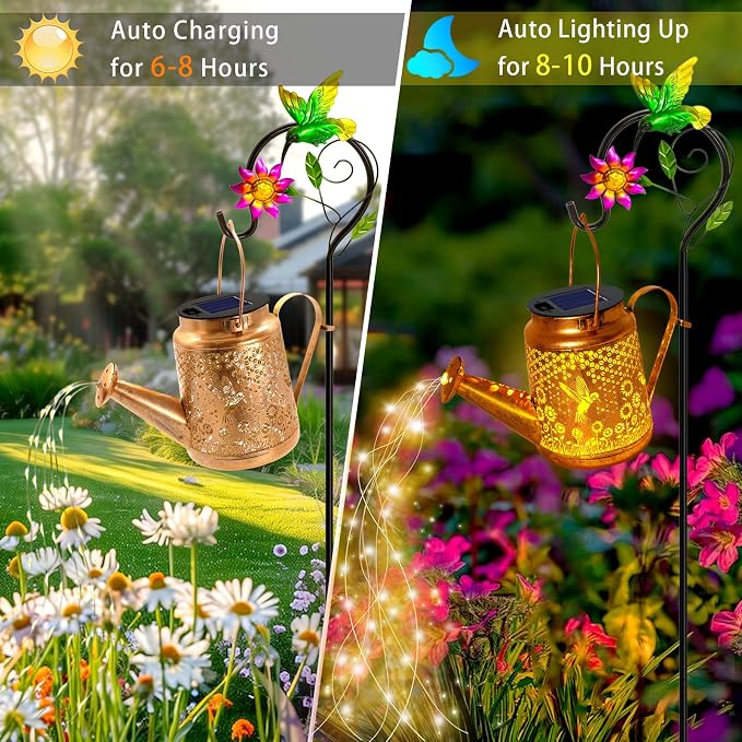 Hummingbird Solar Lights Outdoor Waterproof, Birthday Gifts for Christmas Mom Grandma Women, Solar Watering Can Lights with Shepherd Hook, Metal Hanging Lantern Garden Decor Yard Outside Patio Lawn