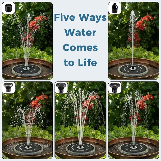 Solar Fountain for Bird Bath with Colorful LED Lights, Floating Solar Fountain Fixed Rods, 3W Solar Powered Water Fountain Pump with Strong Spray & 5 Nozzles for Pond, Pool, 23 LED Lights