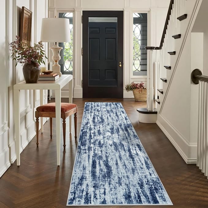 2'6''x8' Runner Rugs Washable Rug: Modern Abstract Hallway Blue Grey Carpet | Non-slip TPE backing makes this washable soft low-pile rug safe & durable, Pet-friendly decor for dining room,nursery,office