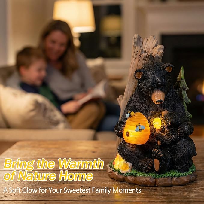 Candieslife Solar Bear Garden Statue with Glowing Beehive & Cub - Outdoor LED Figurine Decor for Patio, Lawn, Yard Art - Unique Birthday Housewarming Gift for Women, Mom, Father