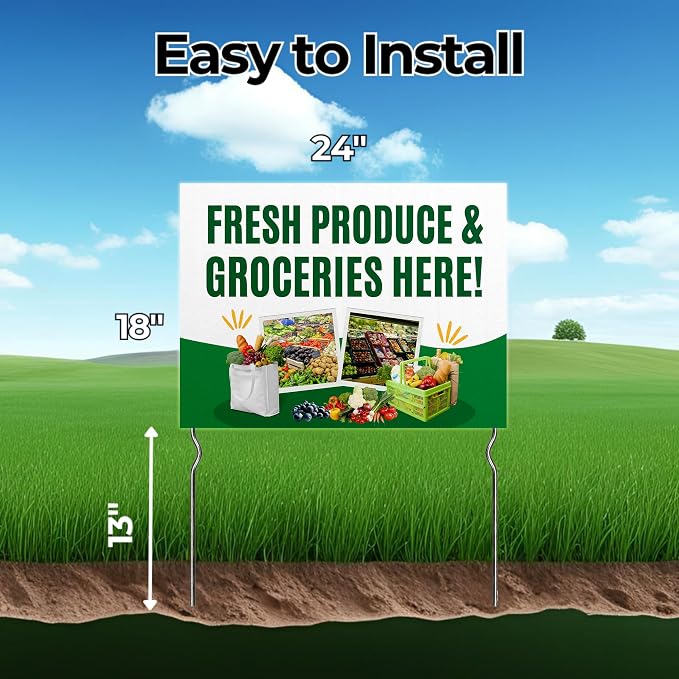 Fresh Produce & Groceries Here! Yard Sign by DC | 24"x18" Double Sided Conv. Store Garden Sign with 13” Metal Stakes | Outdoor Signs Waterproof for Lawn, Patio, Sidewalk & House | Set of 1