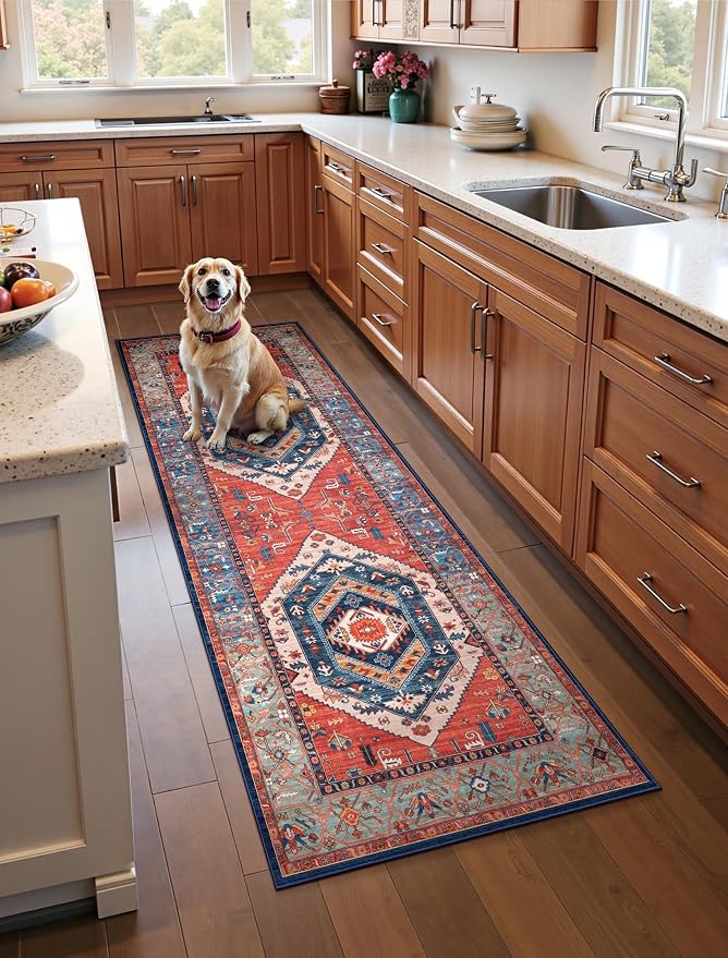 SERISSA 2x6 Washable Non Slip Boho Runner Rug for Hallway，Rust | Ultra Soft Vintage Oriental Carpet Low-Pile Distressed Tribal Floor Carpet Runner for Bedroom Bathroom Laundry Living Room