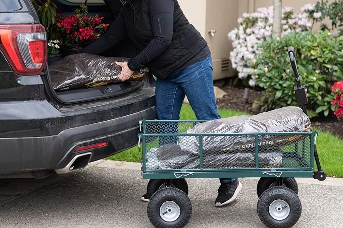 Garden Star 70107 Garden Cart/Utility Cart, Hinged/Removeable Sidewalls, Four 10-inch Wheels, Loop Handle with Convertible Hitch Attachment, Steel Powder-Coated Mesh Frame, 700-pound Capacity, Green