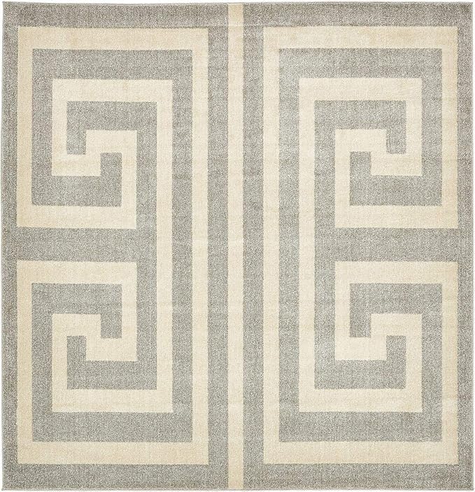 Unique Loom Athens Collection Classic Geometric Modern Border Design Area Rug (8' 0 x 8' 0 Square, Gray/ Beige)
