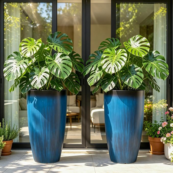 Autodaya 23.8" Tall Planters Set of 2, Large Plastic Plant Pots with Artistic Floating Cobalt Blue Glaze, UV-Resistant Lightweight PP Flower Pots for Outdoor Indoor Plants, Garden, Patio, Deck, Porch