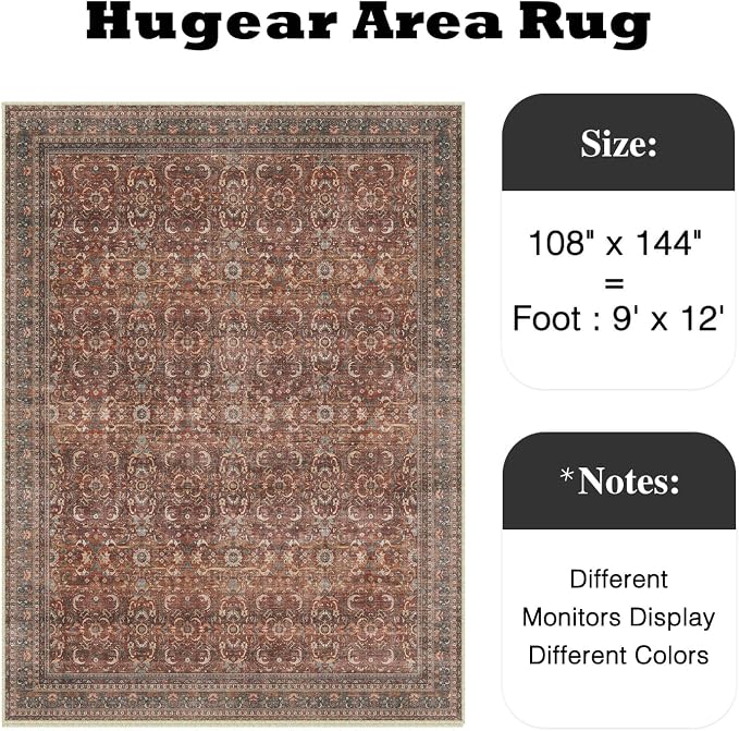 9x12 Brick Red Vintage Distressed Washable Area Rug for Living Room | Low Pile, Non Slip, Retro Style, Soft Distressed Large Area Rug for Living Room, Bedroom, Dining Room, Office, Home Decor