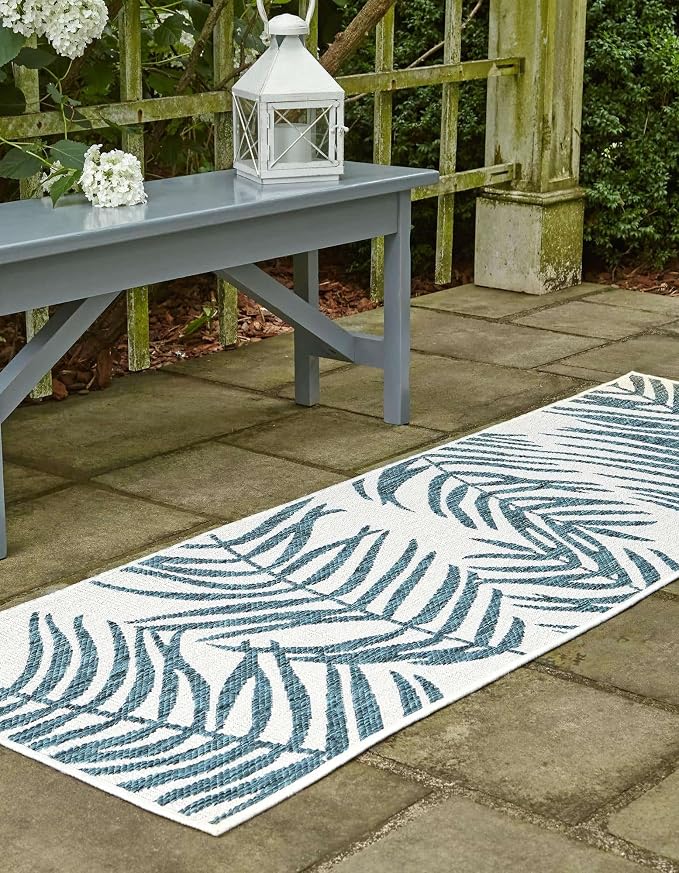 Unique Loom Outdoor Botanical Collection Area Rug - Palm (2' x 6' 1" Runner, Teal Ivory)