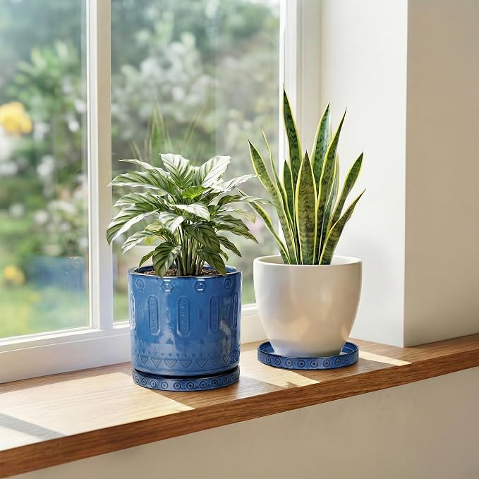 Eightpot 2 Pack 5.6 Inch Flower Pot Saucers, Plant Water Catcher Tray for Indoor Outdoors, Round Plants Plates to Catch Water, Boho Plants Dishes to Catch Water, Decorative Planter Tray, Blue