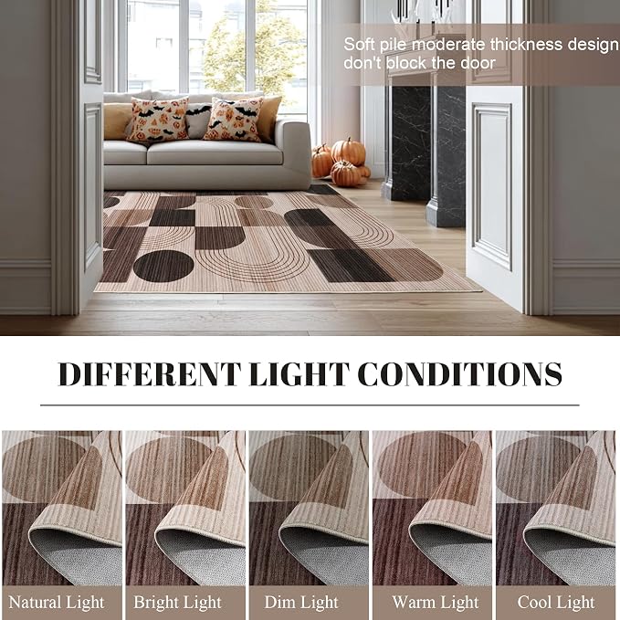 Soft Modern Geometric Abstract Machine Washable Large 8x10 Area Rug | Brown Rugs for Bedroom Living Room, Non-Shedding Faux Wool Indoor Throw Floor Carpet for Office Entryway Dining Room Decor