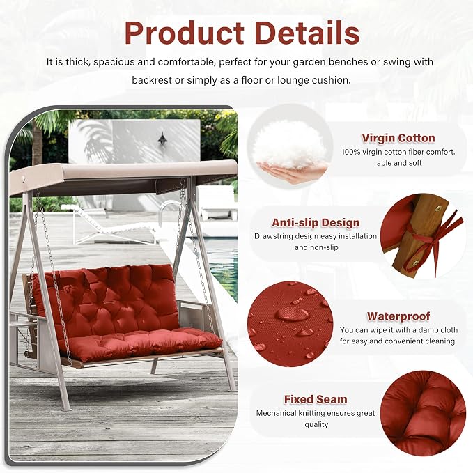 Porch Swing Cushion with Backrest,Waterproof Bench Cushion for Outdoor Furniture,2-3 Seater Replacement Thickened 5 in swing cushion,with Ties,Patio,Outdoor,Backyard and Garden (Terra Red,47x40 in)